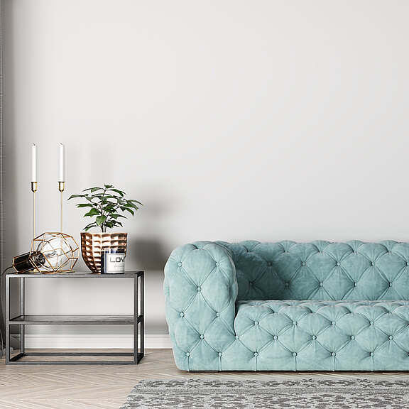 Mock up interior for living room, luxury blue sofa in gray backg